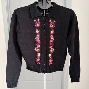Vtg Kitty Hawk Vivian Wang 80s Embroidered Floral Cardigan Swtr LG Cottagecore